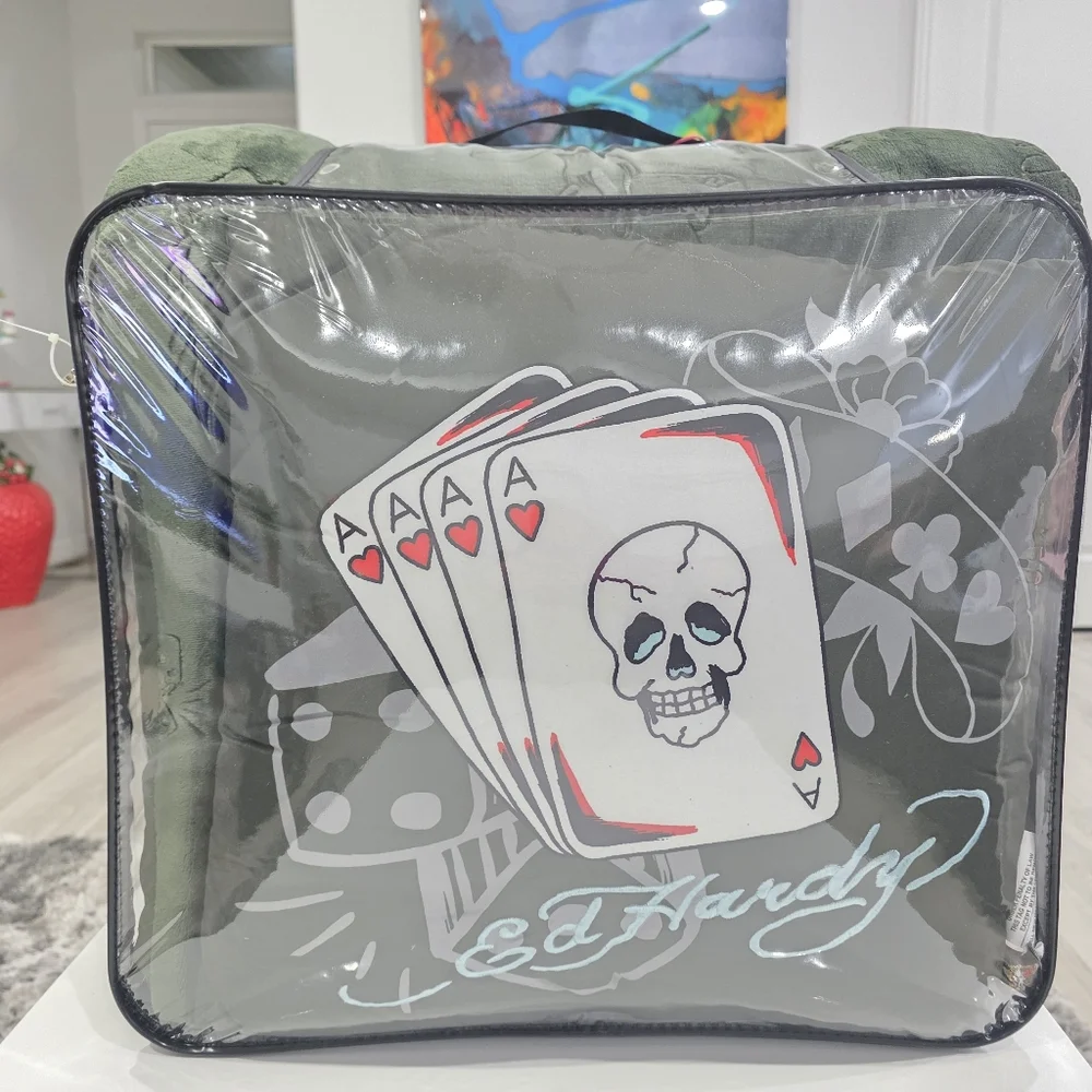 Ed Hardy KING 4 Piece Luxurious Dice Cards Embrossed Green Plush Comforter Set
